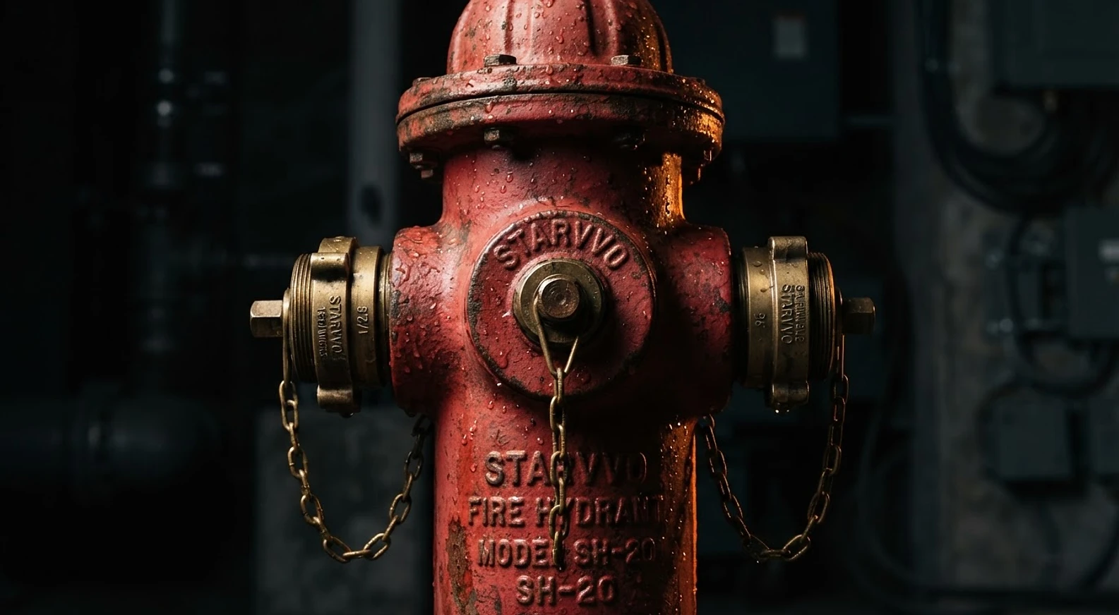 Hydrant Pillar Starvvo cast iron merah dengan pencahayaan industrial dramatis
